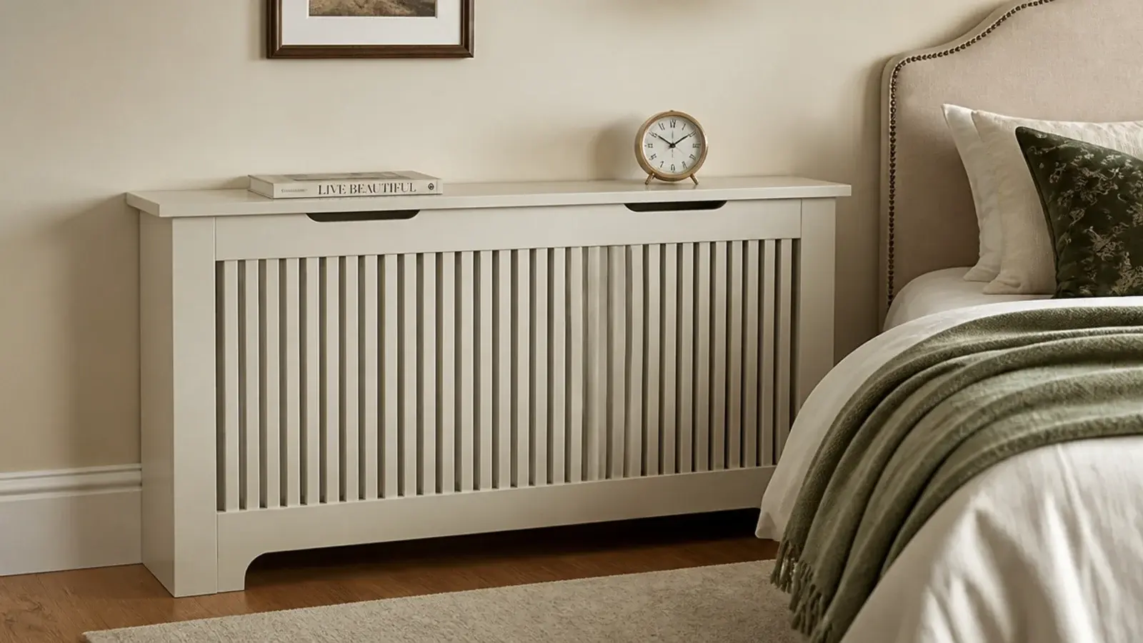 slatted radiator cover with a flat top beside a bed head