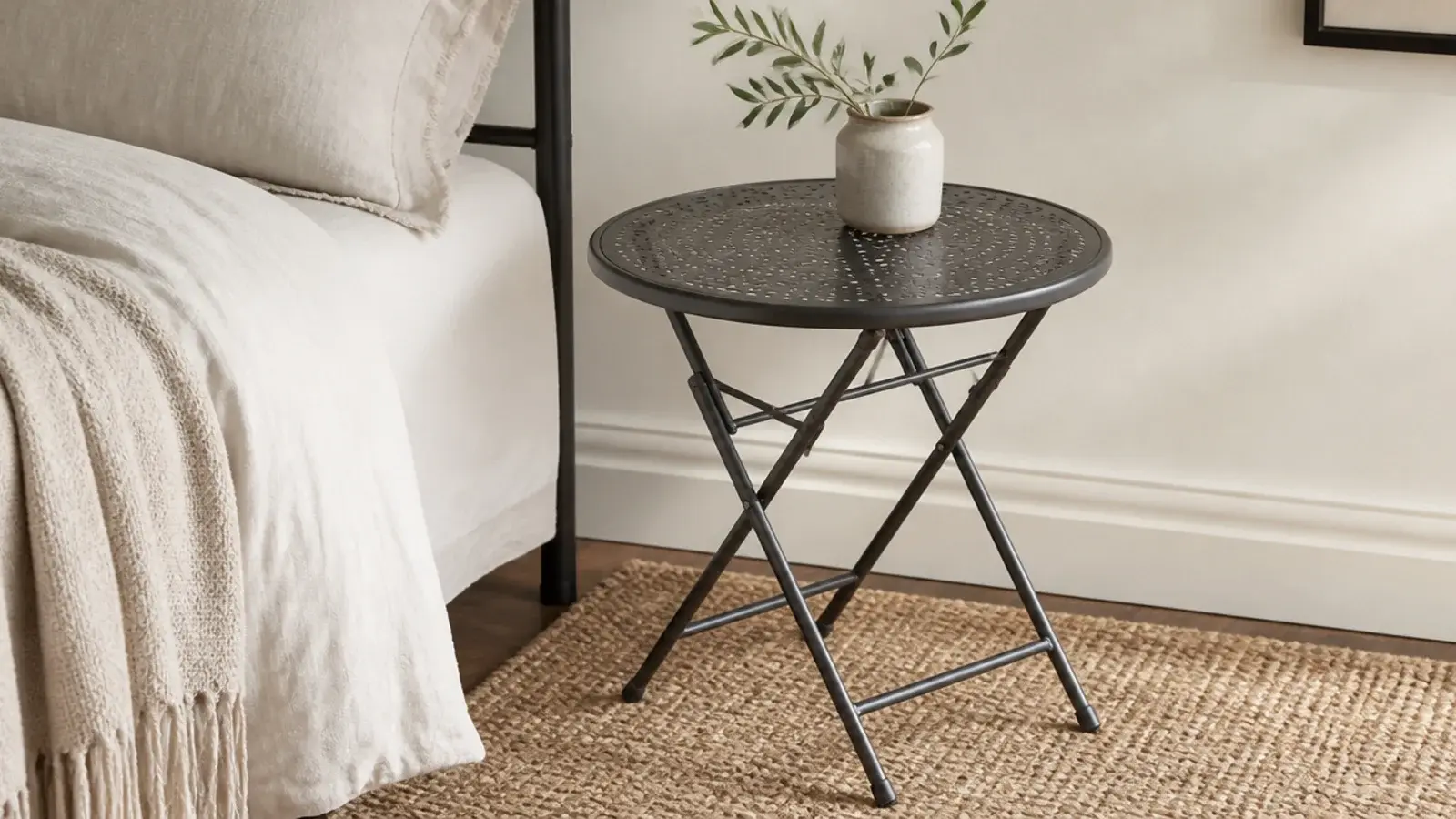 small metal bistro table with a perforated top used indoors