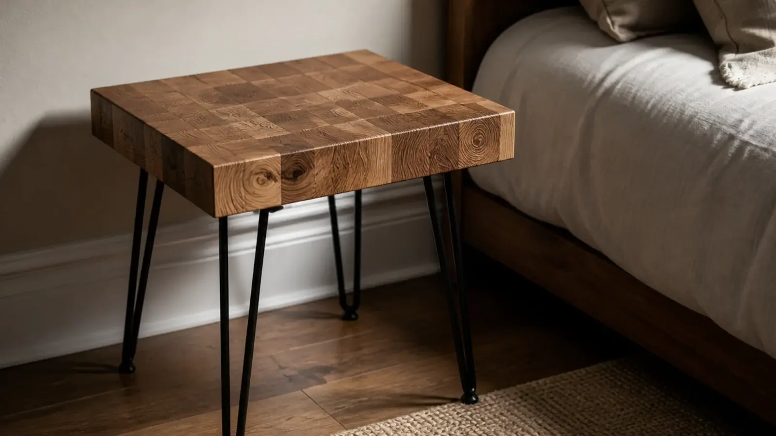 thick butcher block slab mounted on three slim hairpin legs