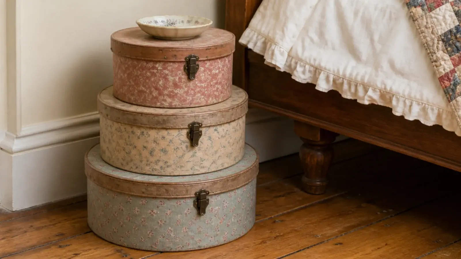 three round patterned hatboxes stacked beside a bed
