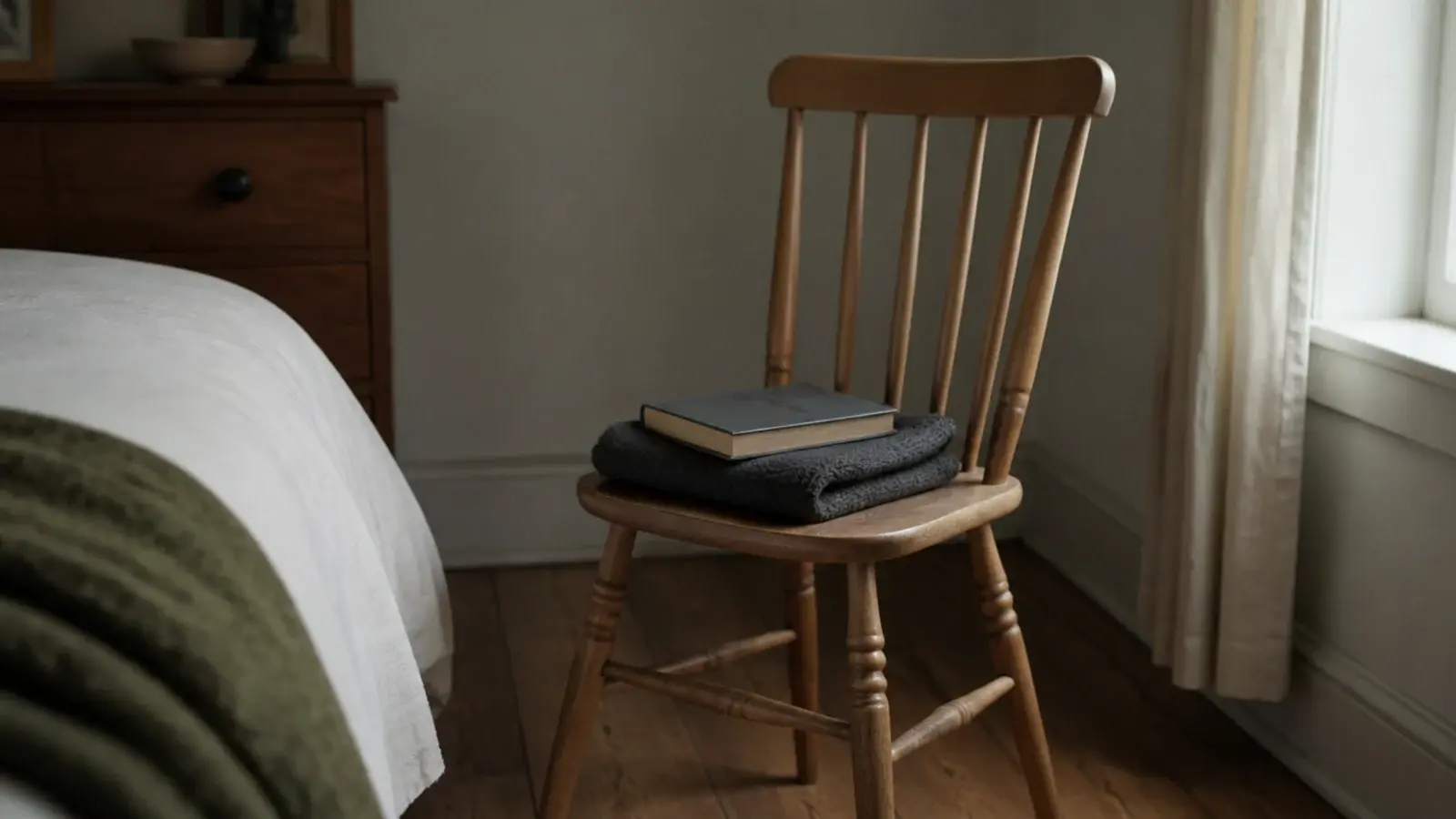 plain wooden chair used as a bedside surface with a book on it