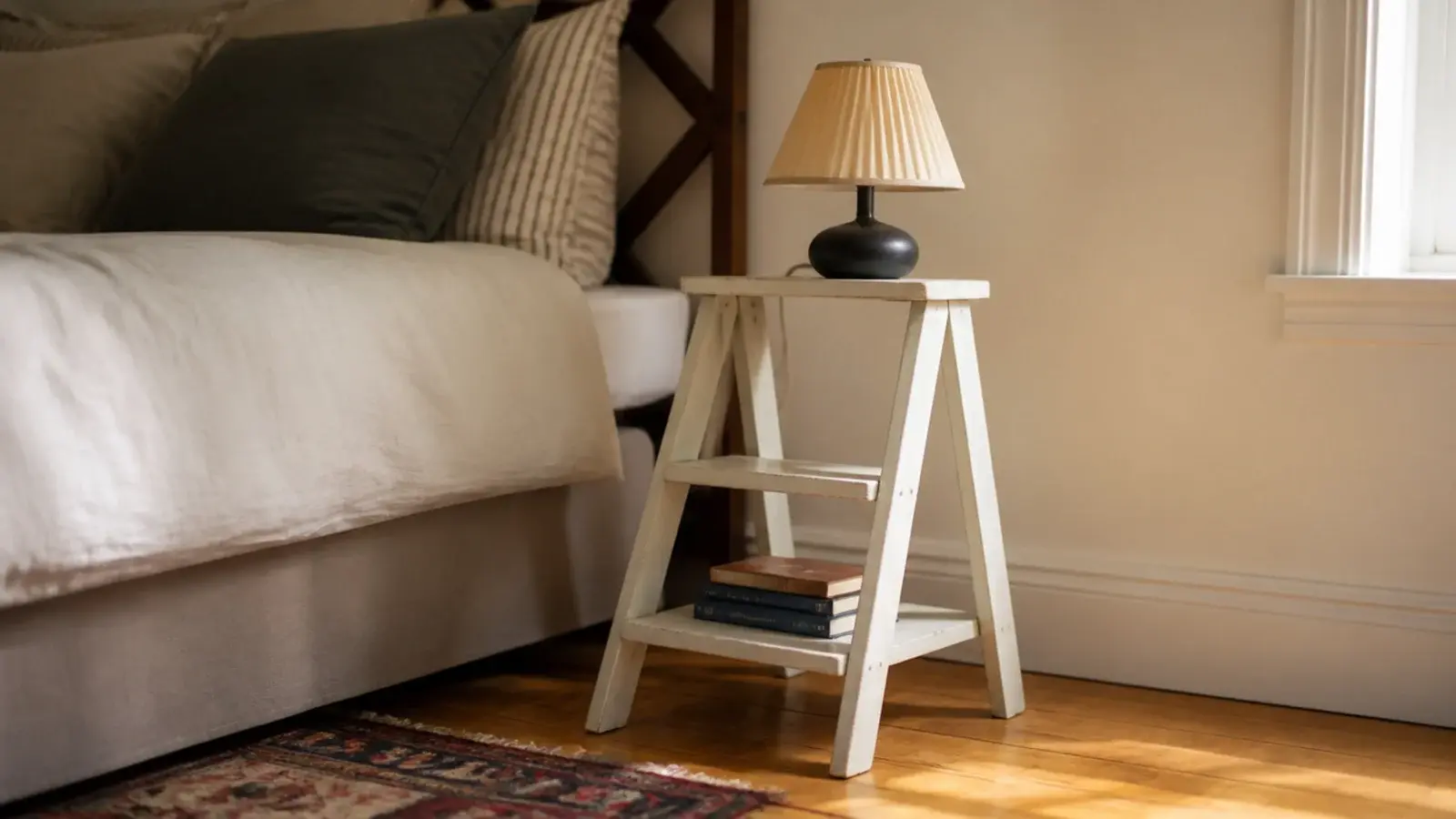 small wooden stepladder open beside a bed holding items on treads