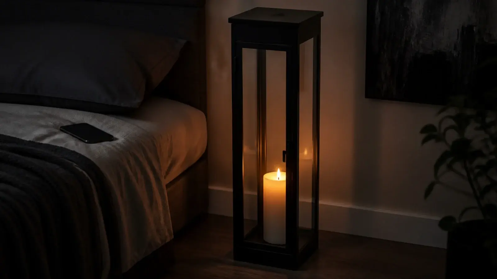 metal candle lantern with flat top used as a tiny bedside surface