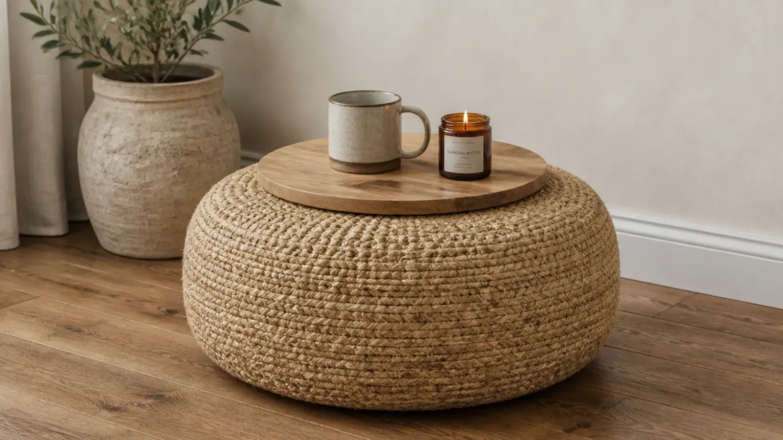 woven pouffe topped with a flat wooden tray holding a mug