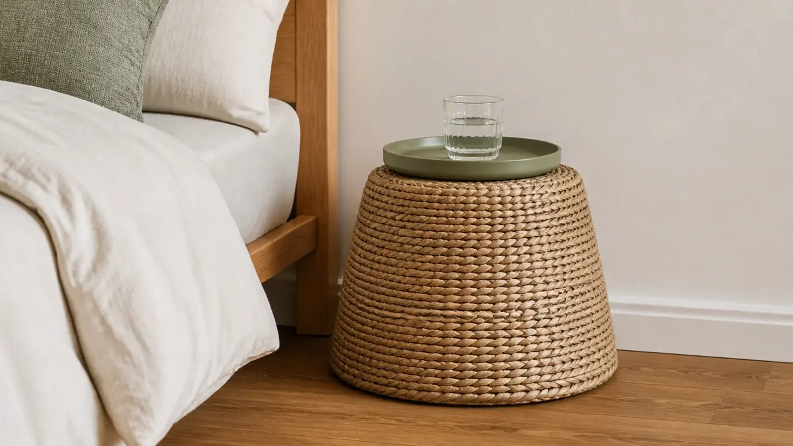 sturdy woven basket turned upside down as a low side surface