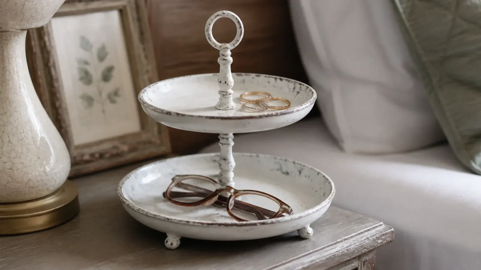 two tier metal cake stand holding glasses and small items