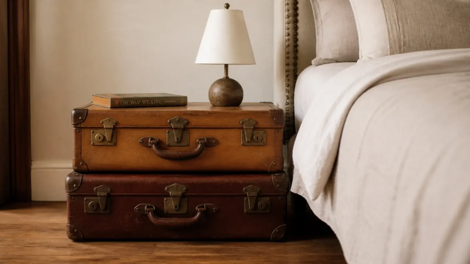 alternative bedside table ideas shown as stacked vintage suitcases beside bed