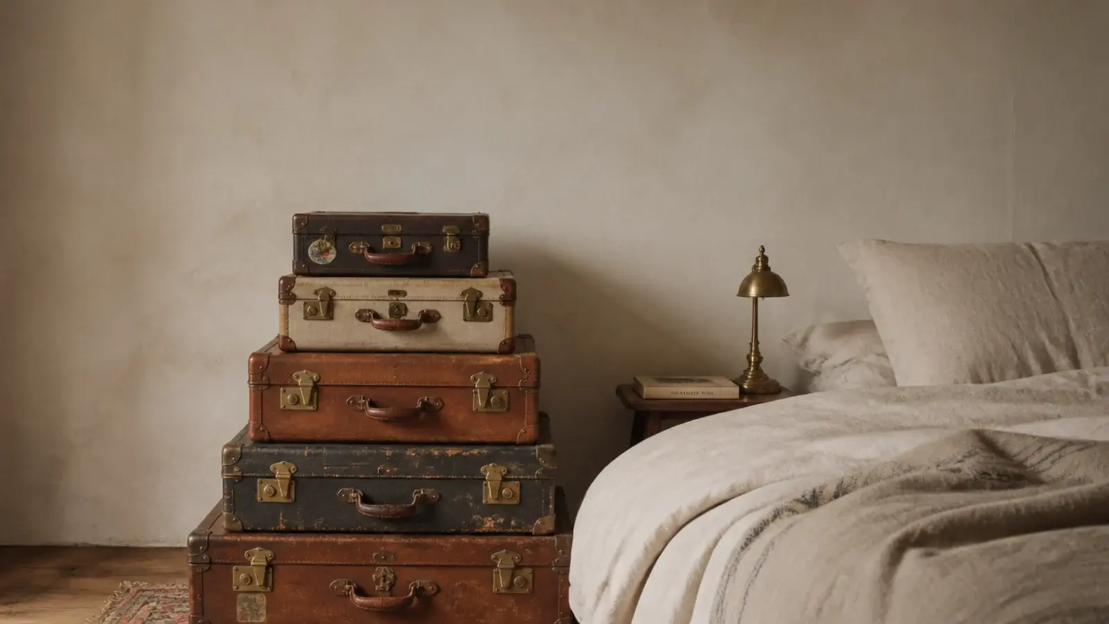 tall alternative bedside table ideas view with stacked suitcases and lamp