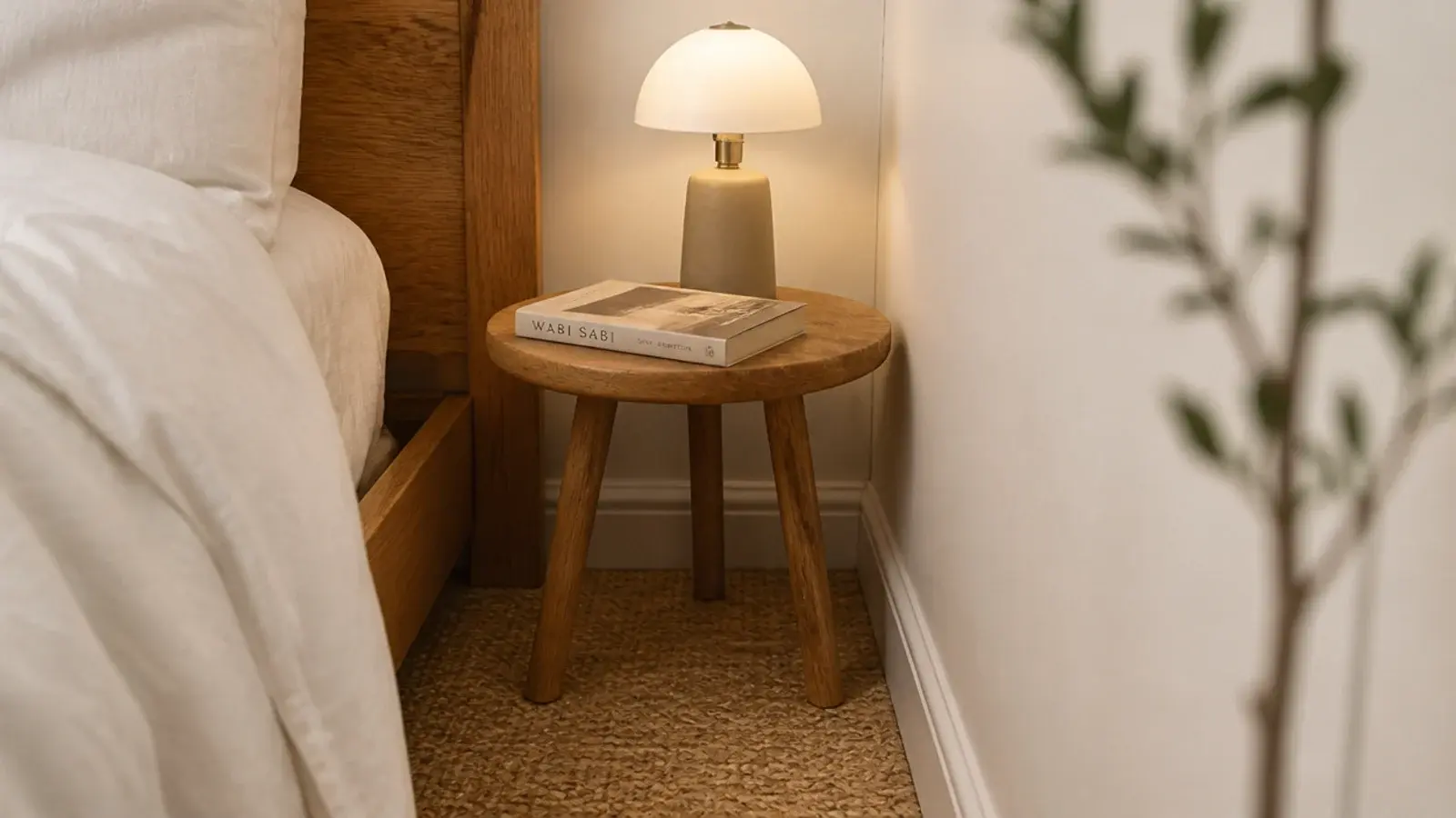 small round wooden bedside table in a narrow gap beside a bed
