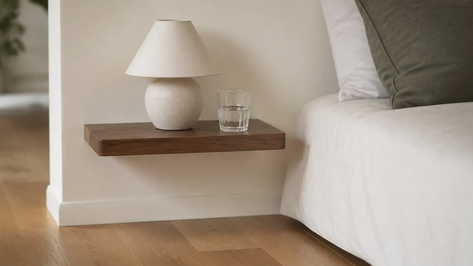 floating wall mounted shelf used as a bedside table above clear floor