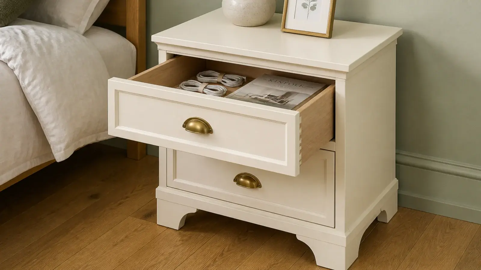 two drawer bedside cabinet with the top drawer open showing tidy contents