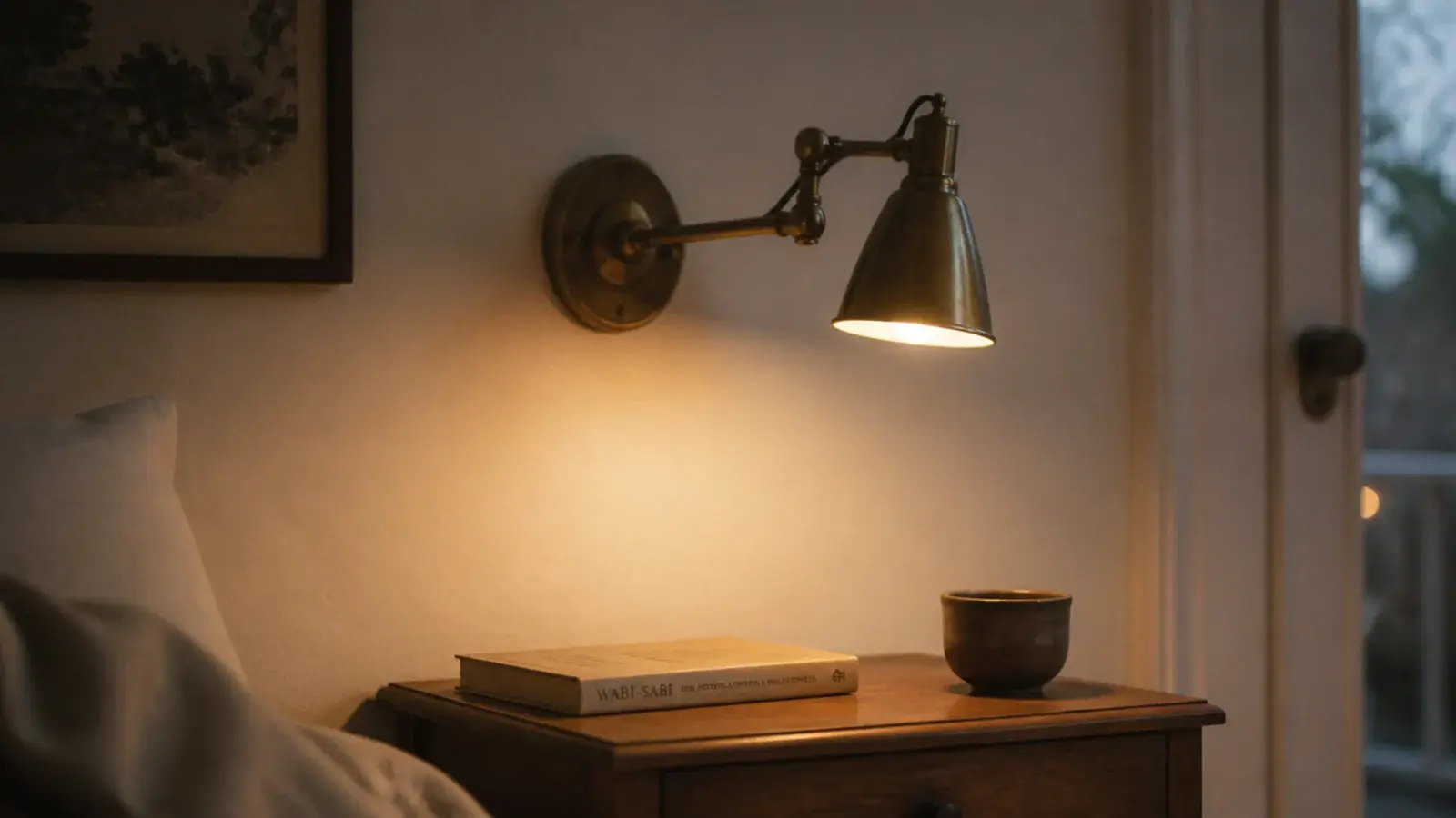 brass wall sconce mounted above a bedside table leaving the surface clear