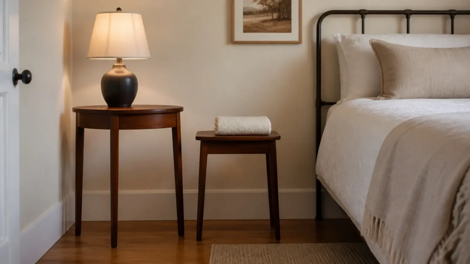 pair of nesting side tables separated either side of a guest bed