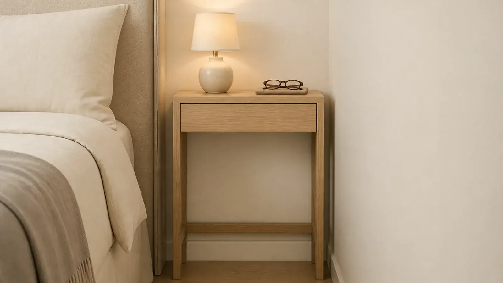 very shallow console table fitted into a slim space beside a bed