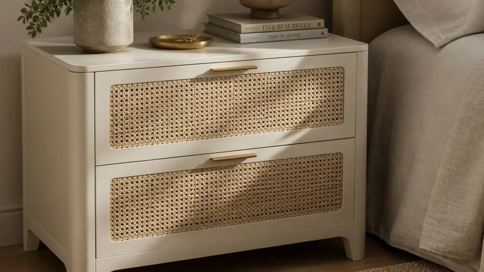 bedside cabinet with woven cane drawer fronts beside neutral bedding