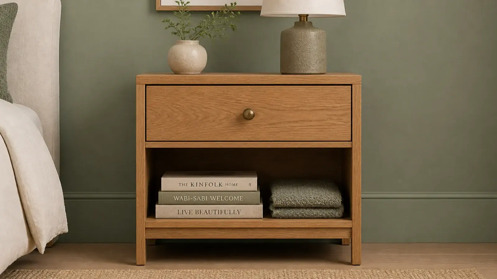 bedside unit combining a closed drawer above an open lower shelf