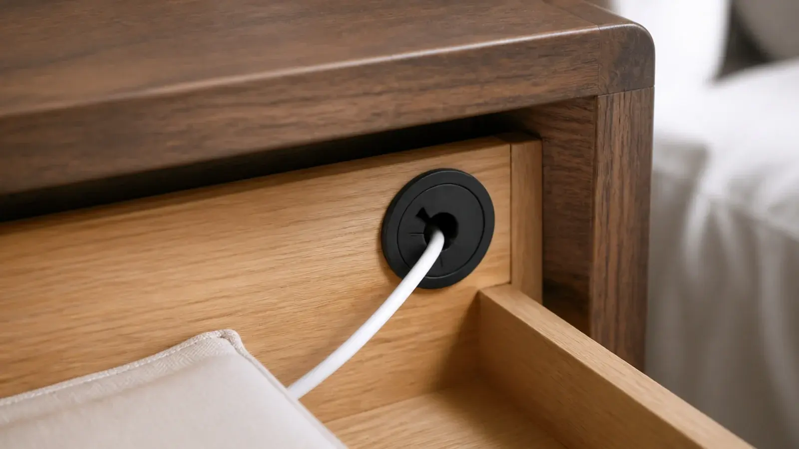 cable passing through a neat grommet hole in a bedside drawer back