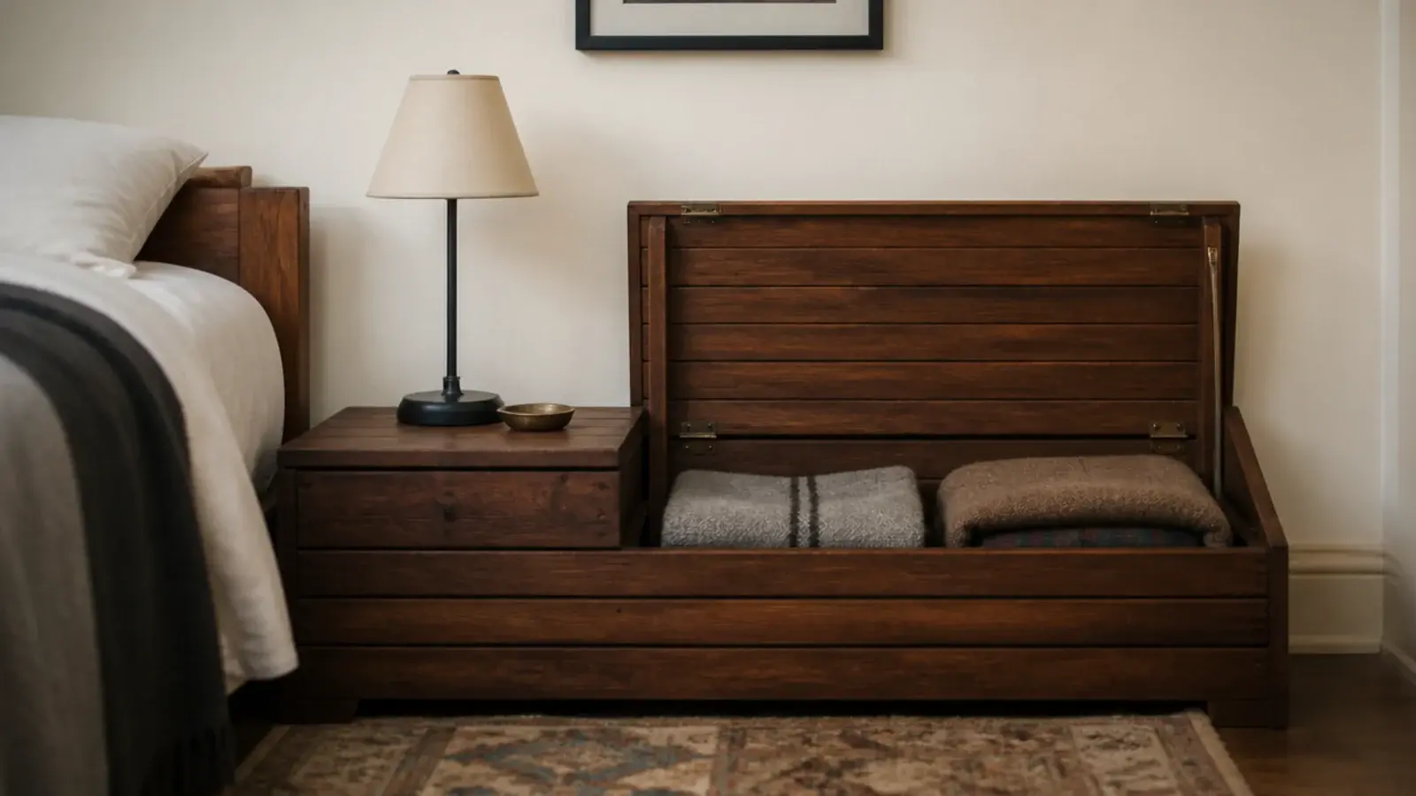 small wooden trunk used as a bedside table with blankets inside
