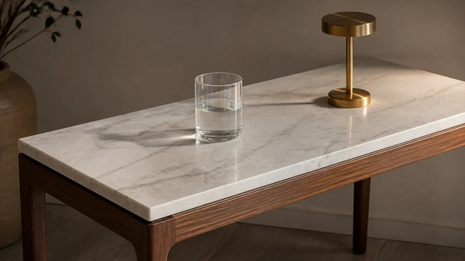 marble topped bedside table with a lamp and a water glass