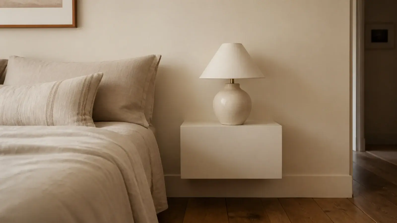bedside table painted to match the wall so it disappears visually