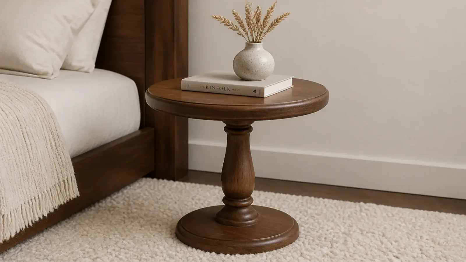 pedestal bedside table standing steady on a thick woven rug