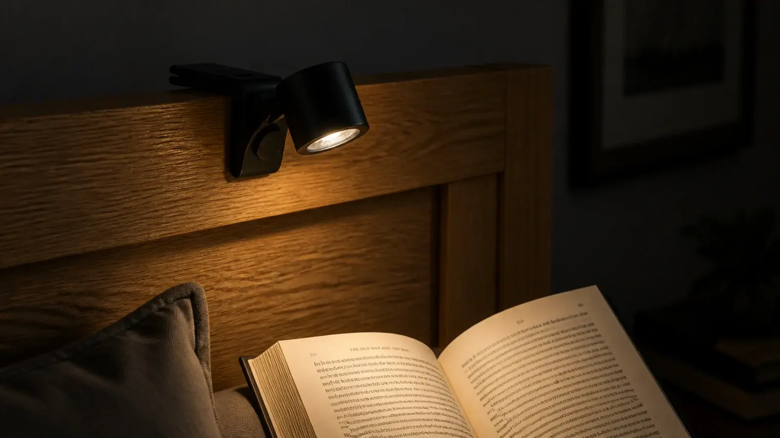 small clip on reading light attached to a wooden headboard edge