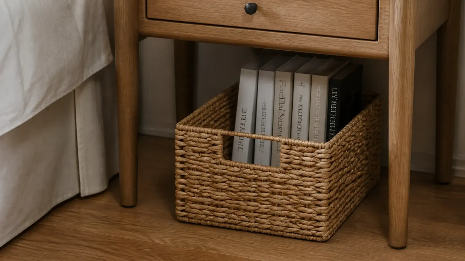 woven basket of books tucked under an open bedside table