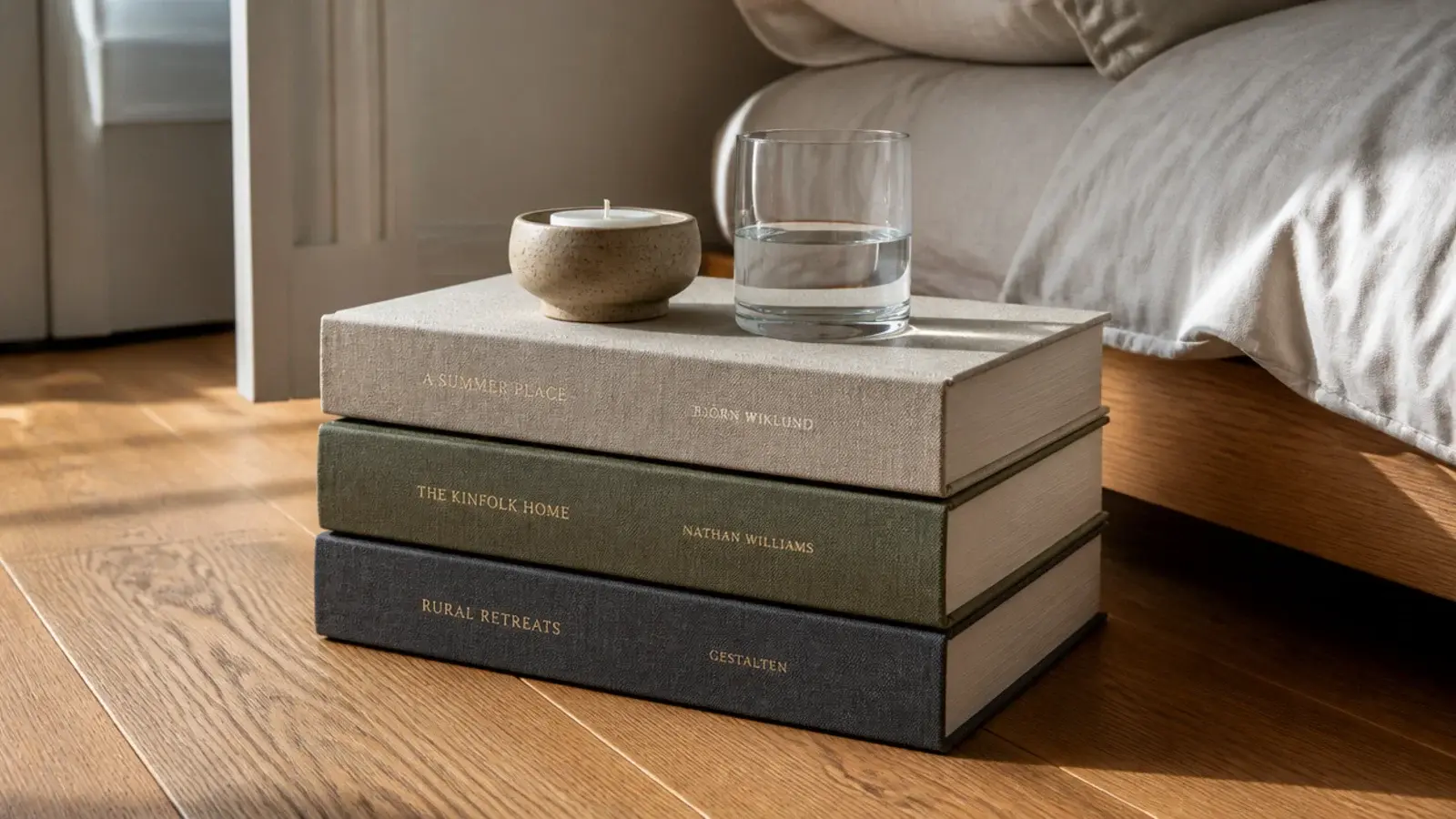 three hardback books stacked as a temporary bedside surface