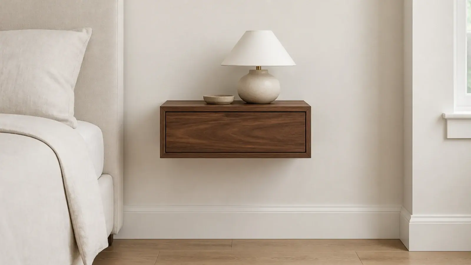 single floating drawer mounted to the wall beside a bed