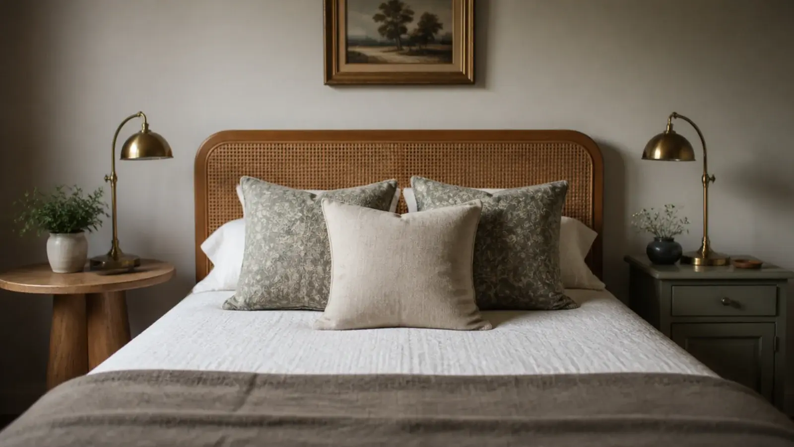 two different bedside tables of matching height either side of a bed
