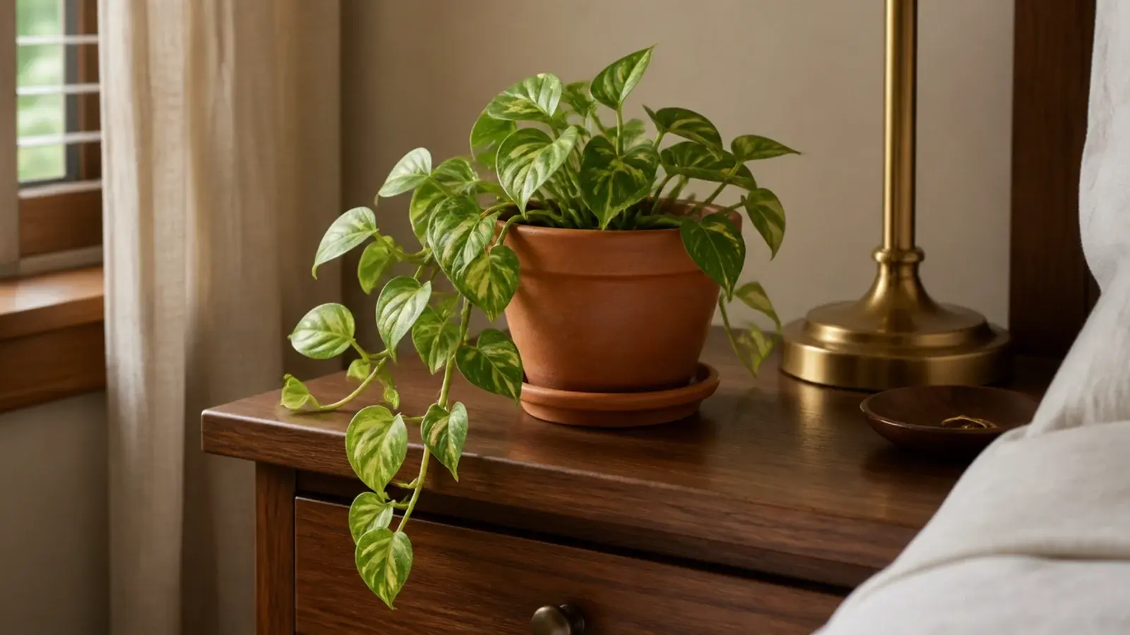 single trailing plant on a bedside table beside a lamp