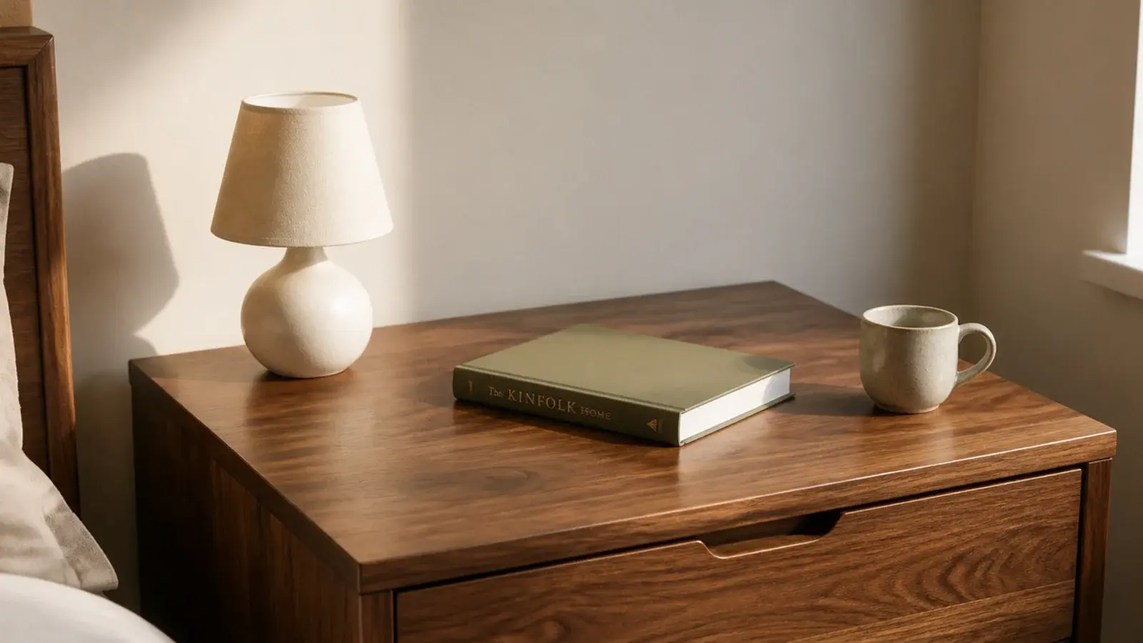 bedside table holding exactly three objects with clear space around