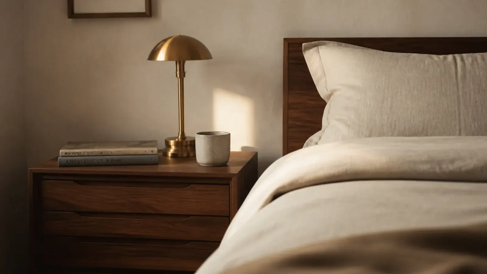 styled bedside table ideas in warm oak holding a lamp book and ceramic cup
