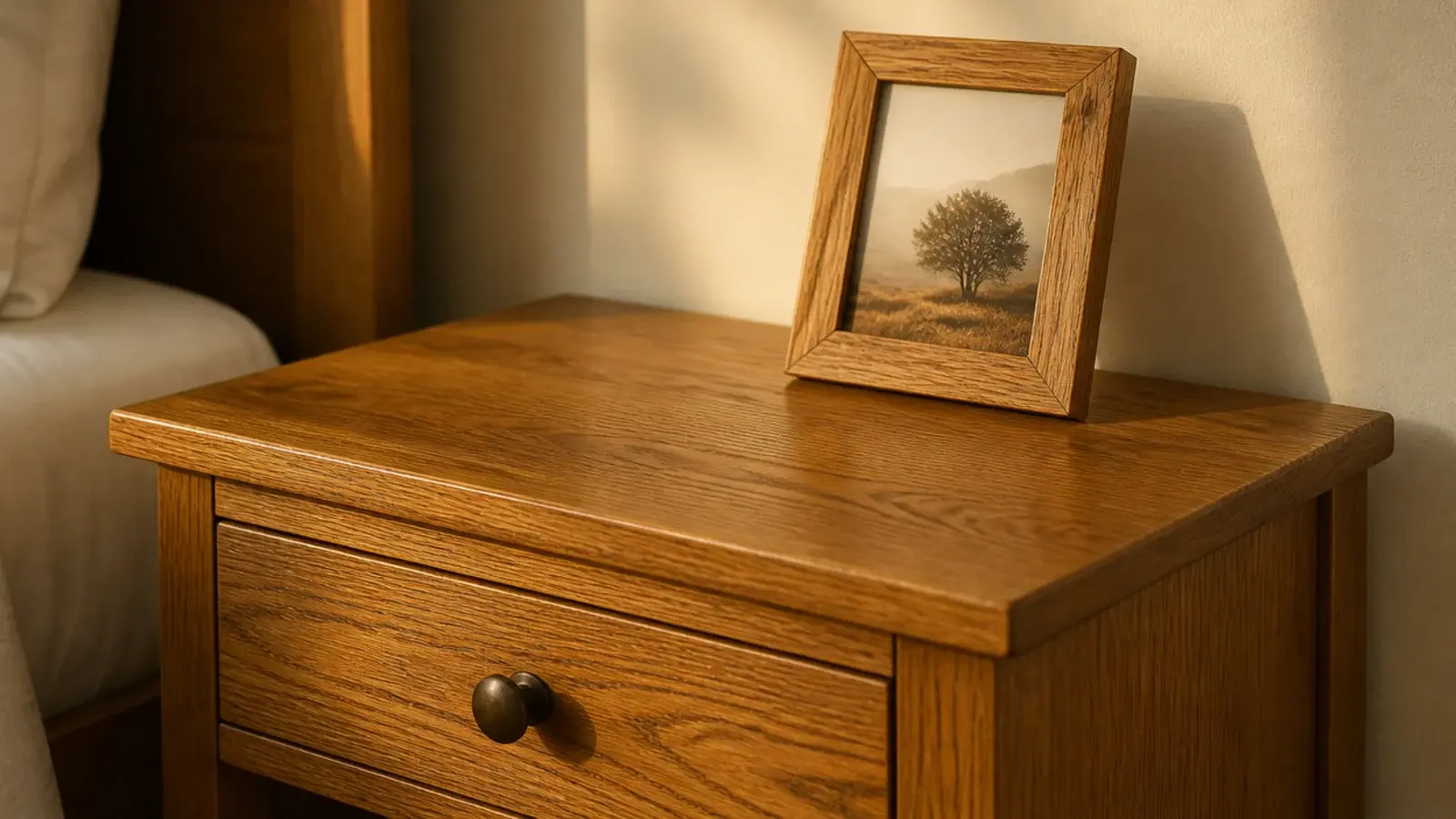 nightstand and picture frame sharing the same warm timber tone
