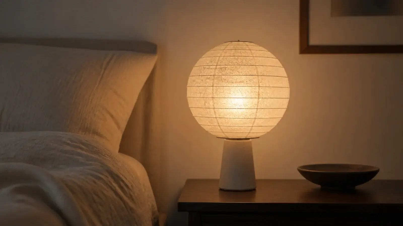 rice paper lamp shade glowing softly beside a linen dressed bed
