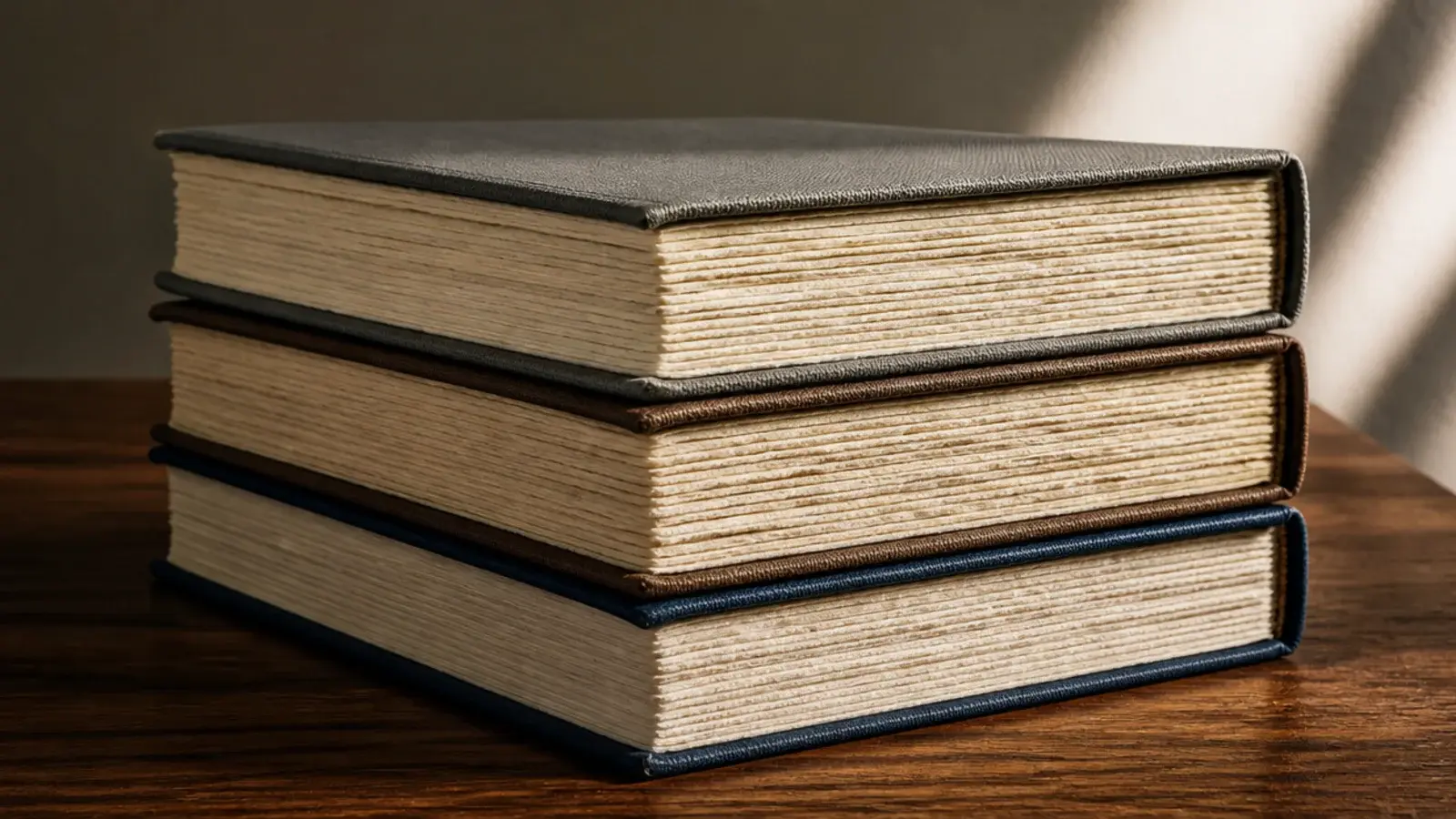 small stack of books with pages outward showing soft cream edges