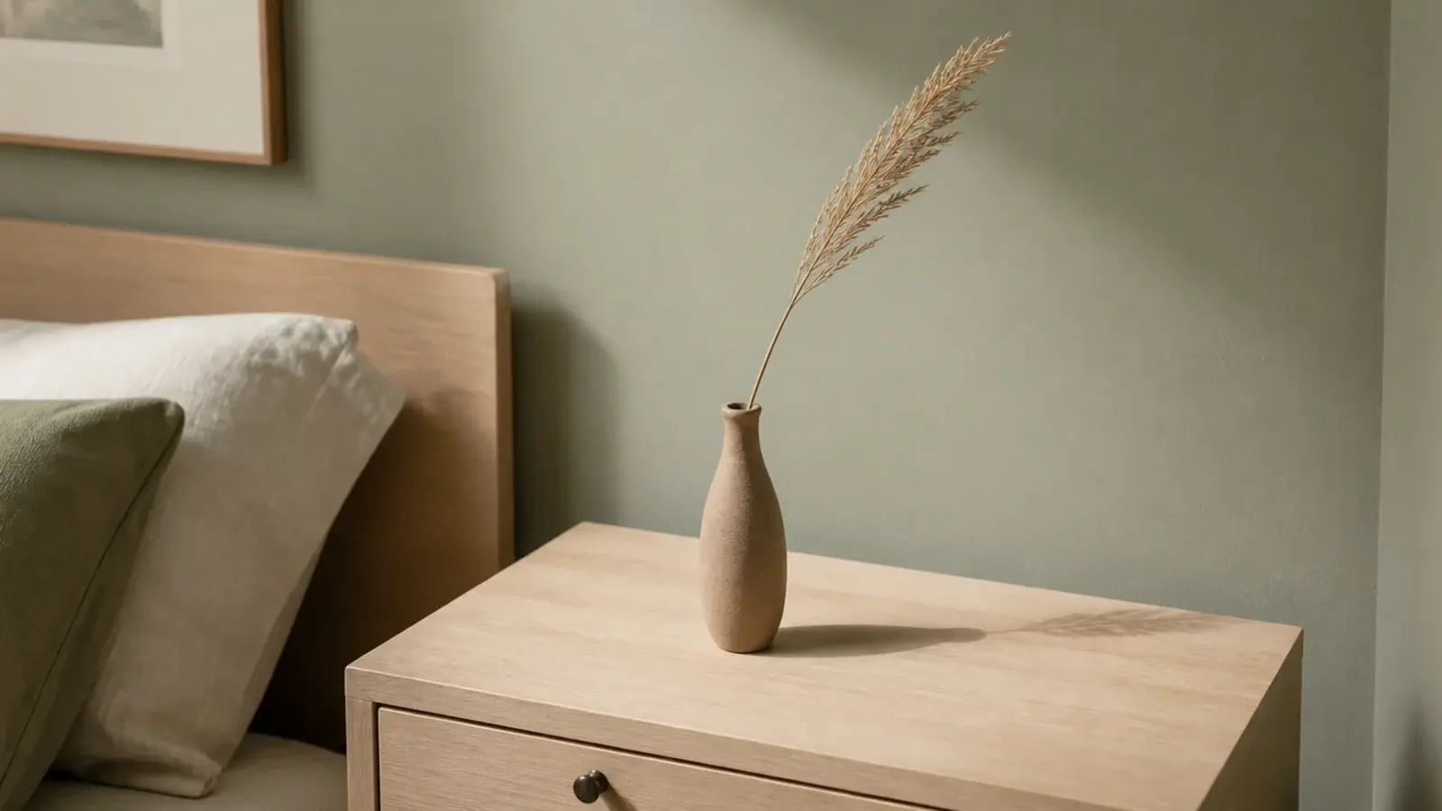 one dried grass stem standing in a narrow clay bud vase