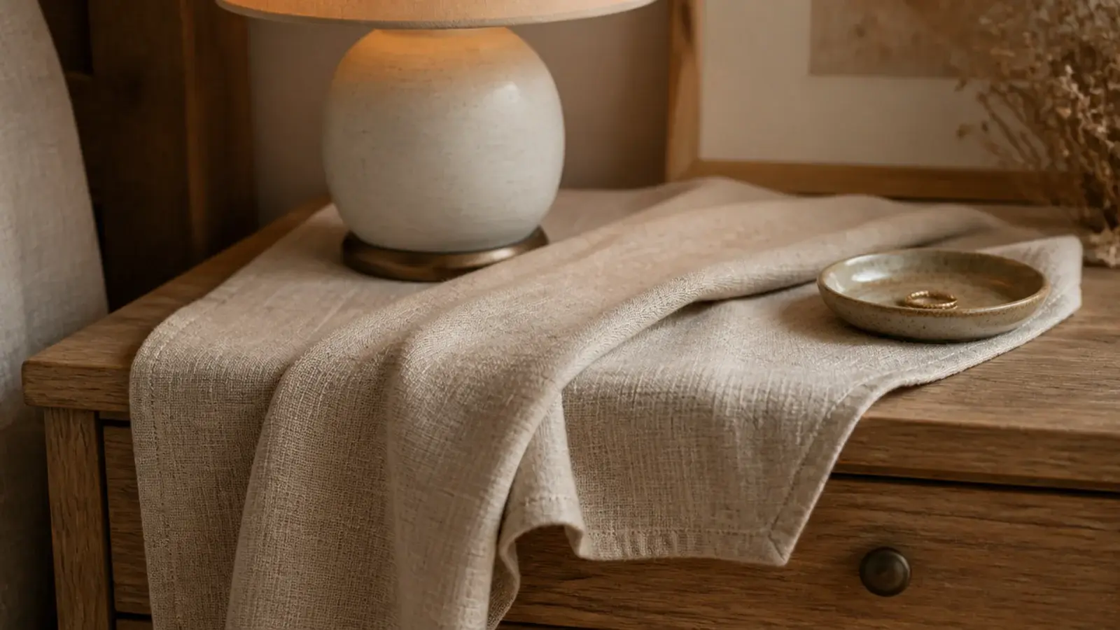 crumpled linen runner laid across a nightstand under a lamp base