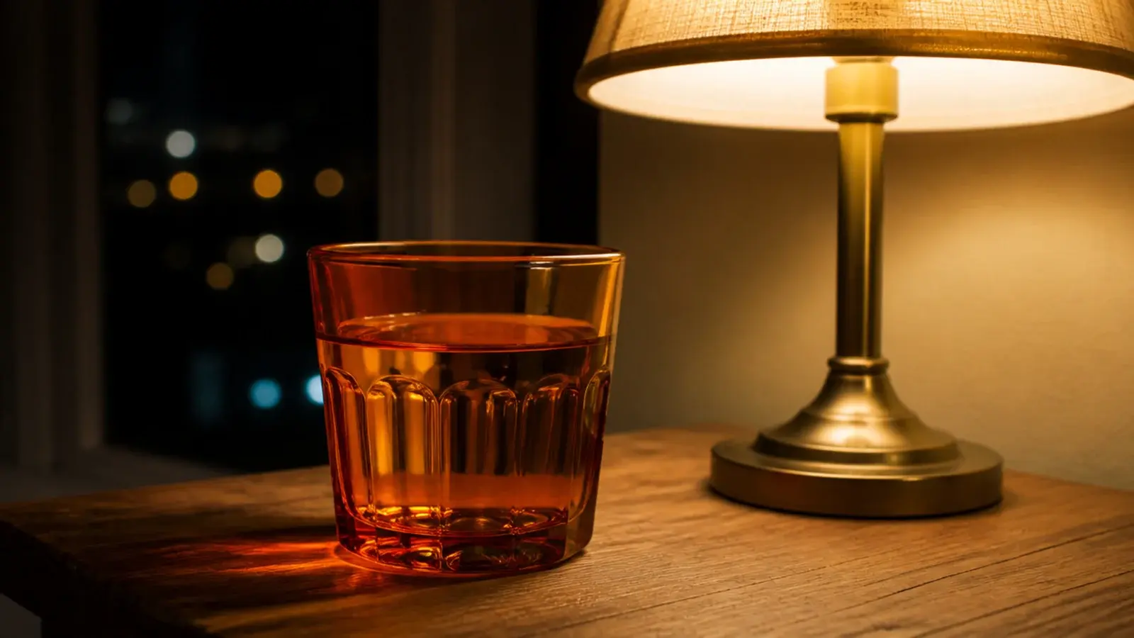 amber glass tumbler catching lamplight beside a bed at night