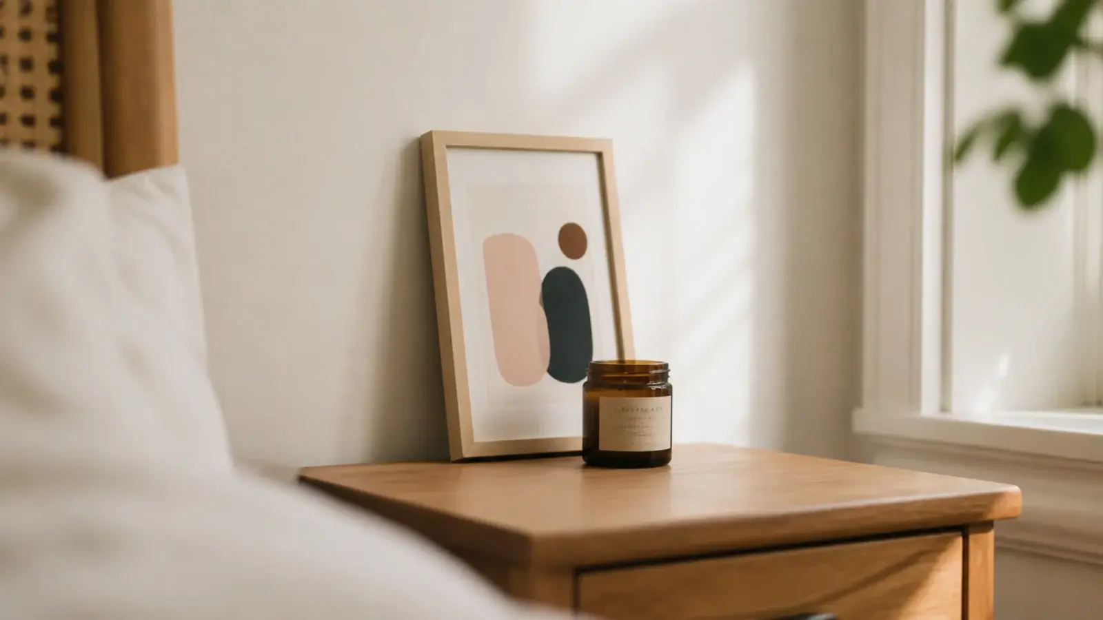 tiny framed print leaning against the wall behind a nightstand