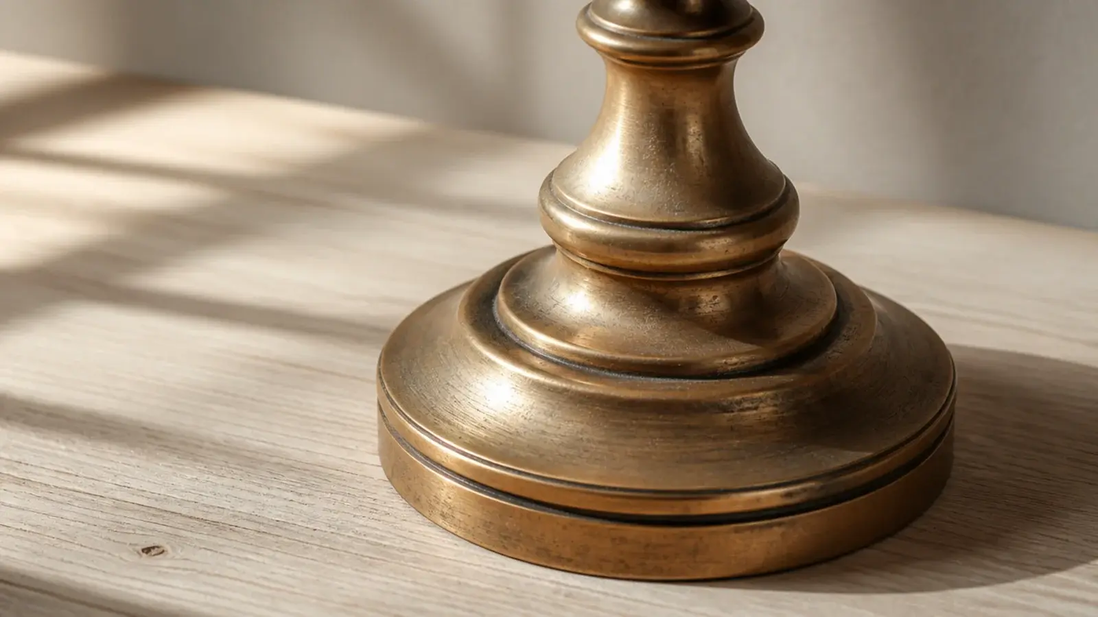 unlacquered brass lamp base showing soft darkened patina at edges