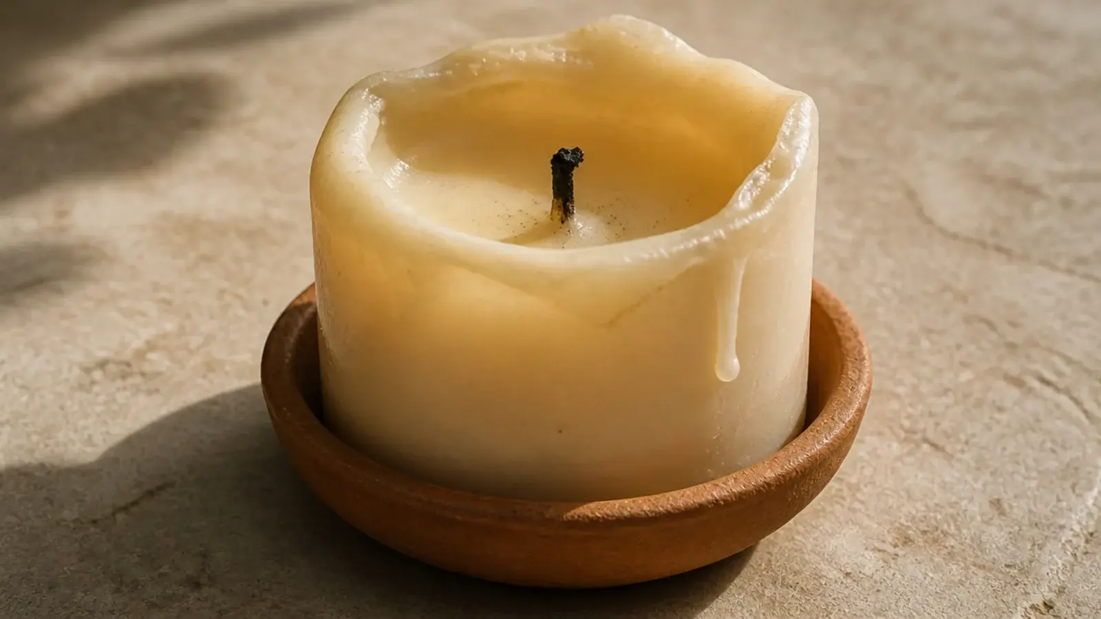 partly burned pillar candle with a soft uneven wax rim