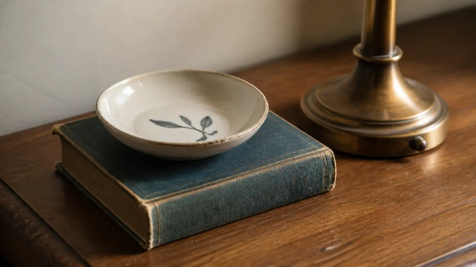 small dish raised on a worn cloth bound book beside a lamp