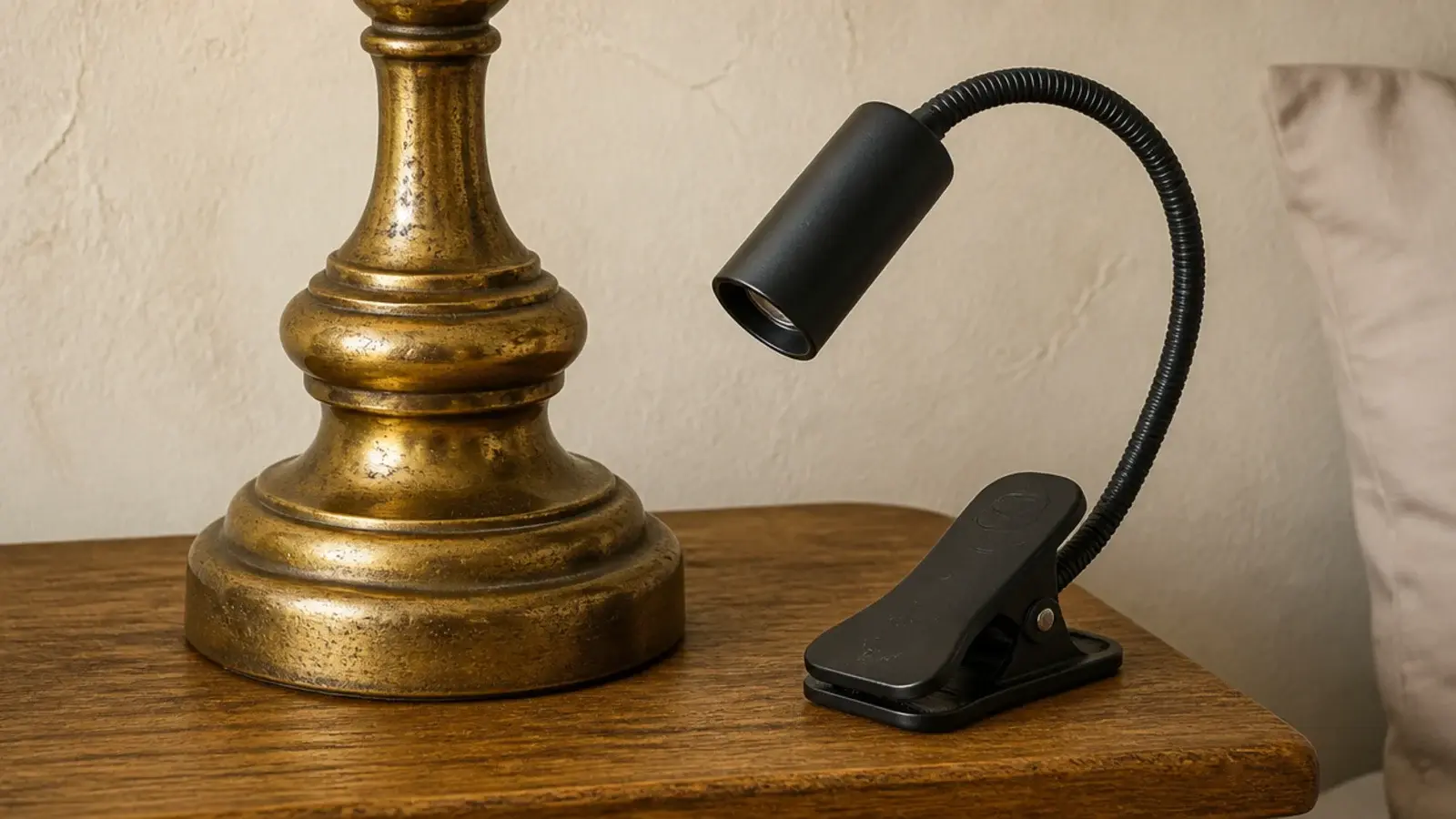 brass lamp and black clip light shown together on one surface