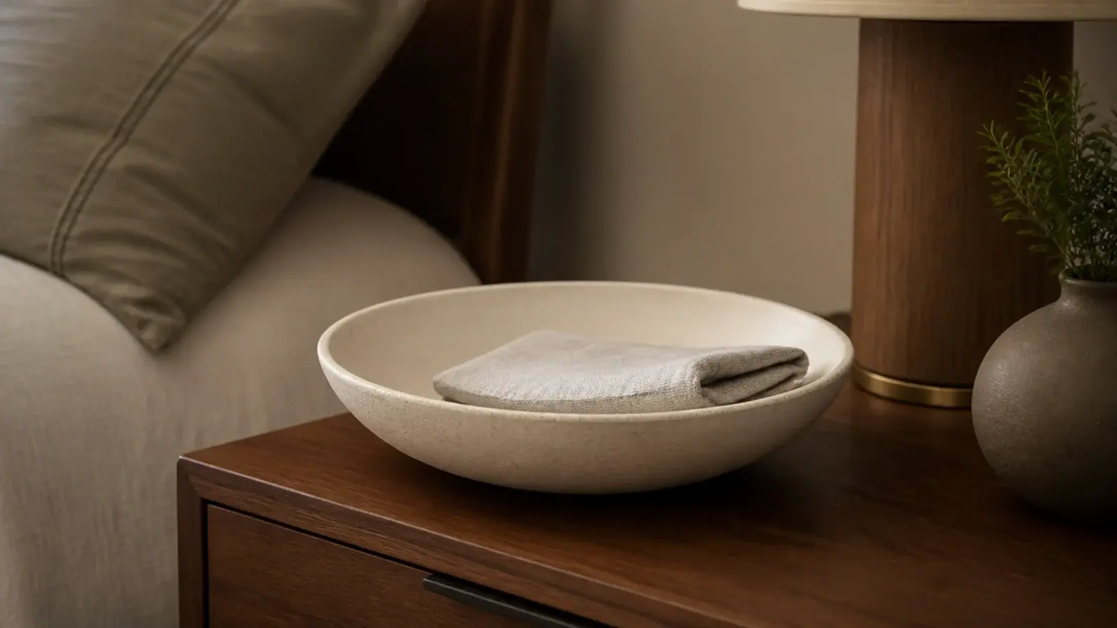 wide shallow ceramic bowl sitting low on a bedside table