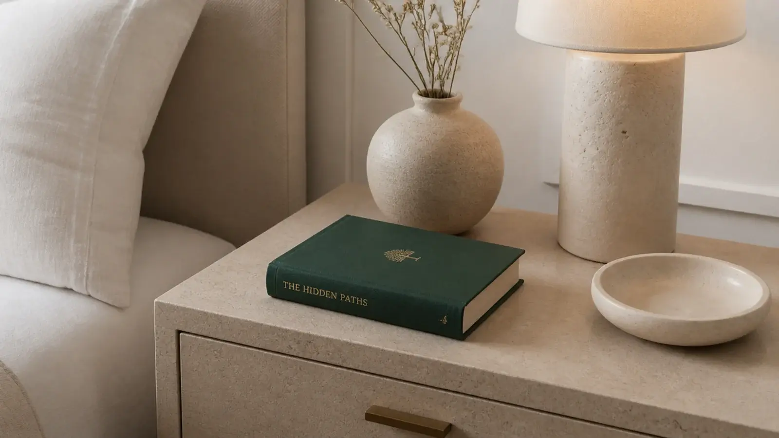 single deep green book among otherwise neutral bedside objects