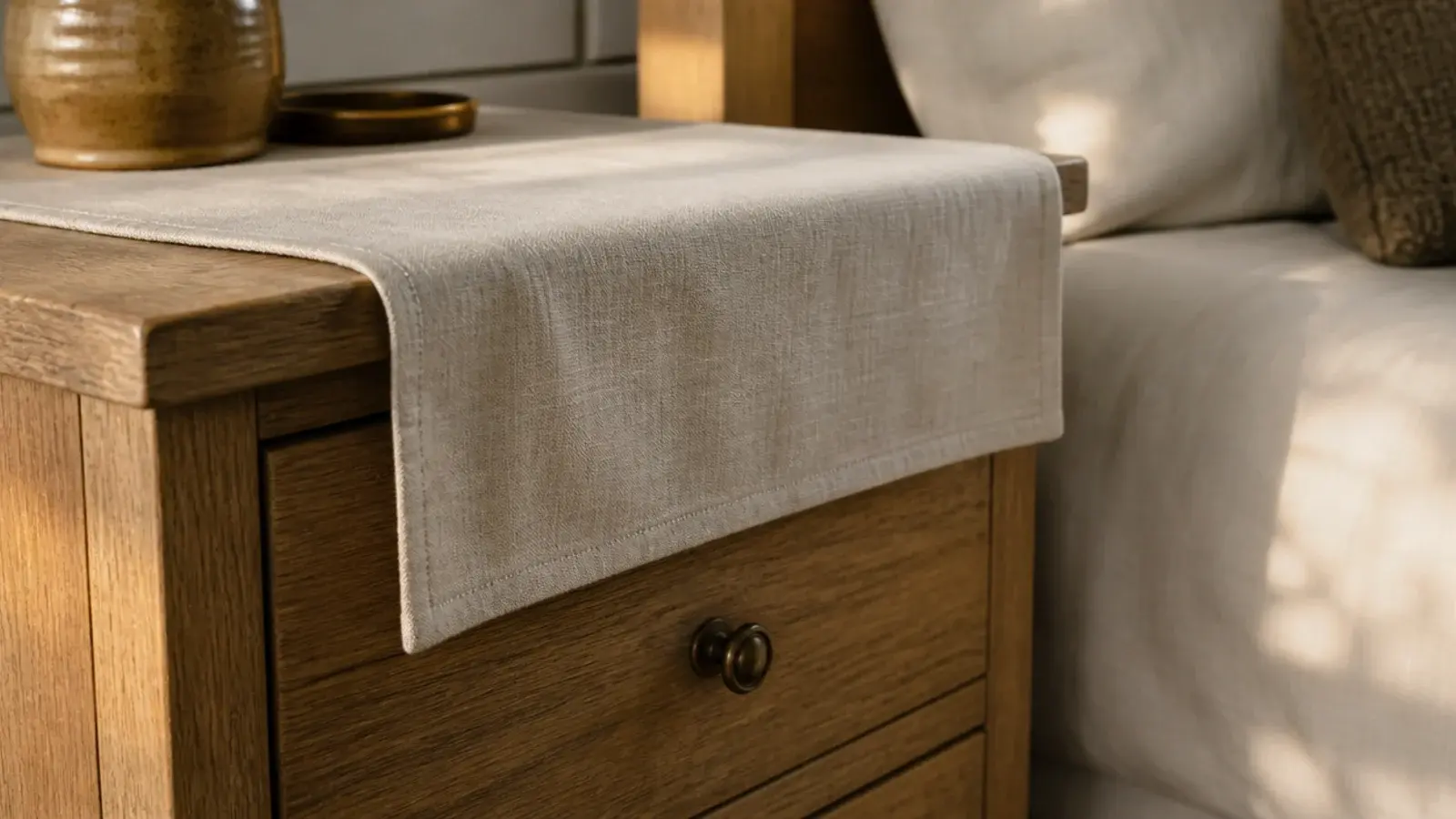 edge of a linen runner hanging just over a nightstand corner