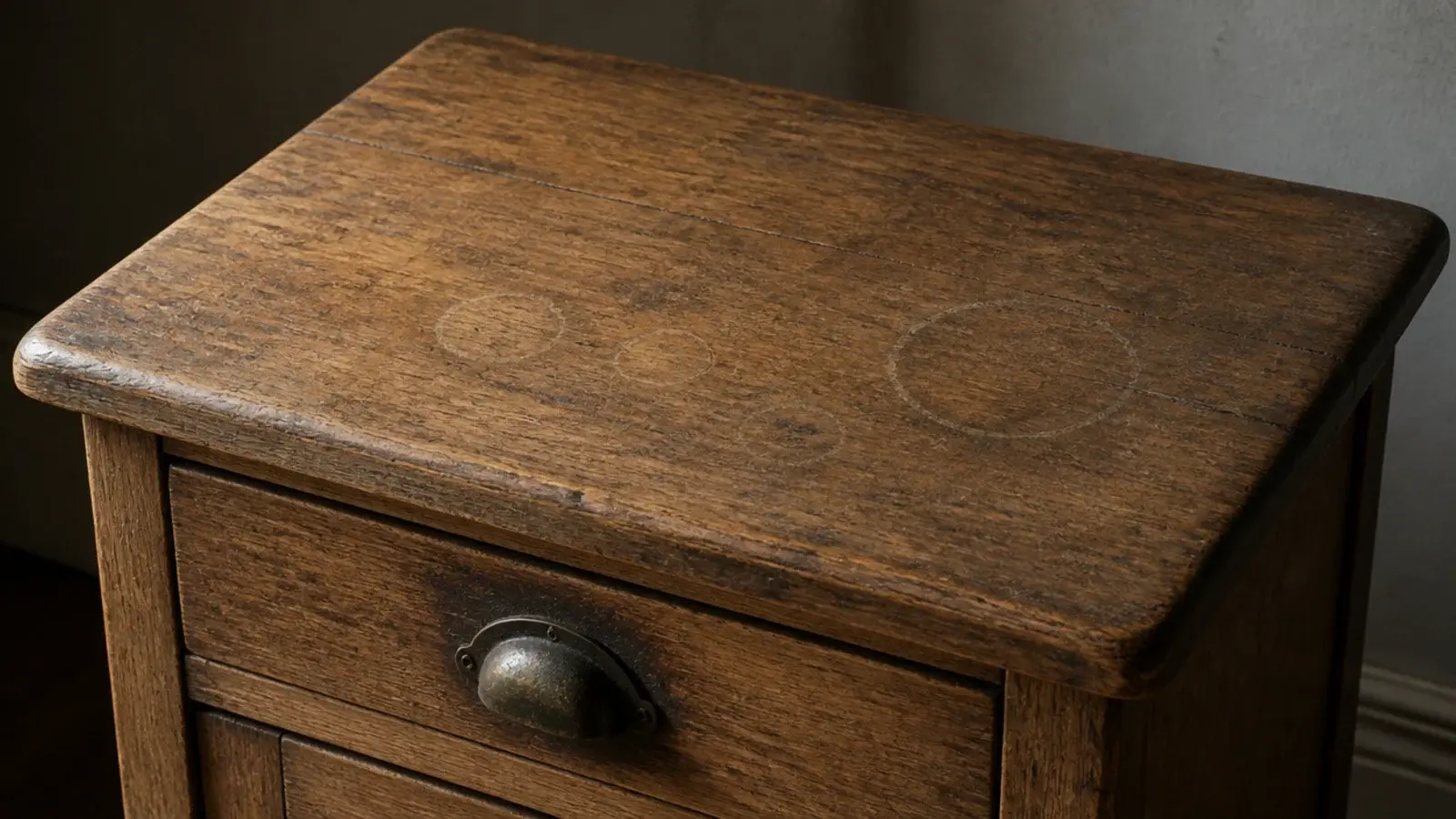nightstand top showing old ring marks and softened worn edges