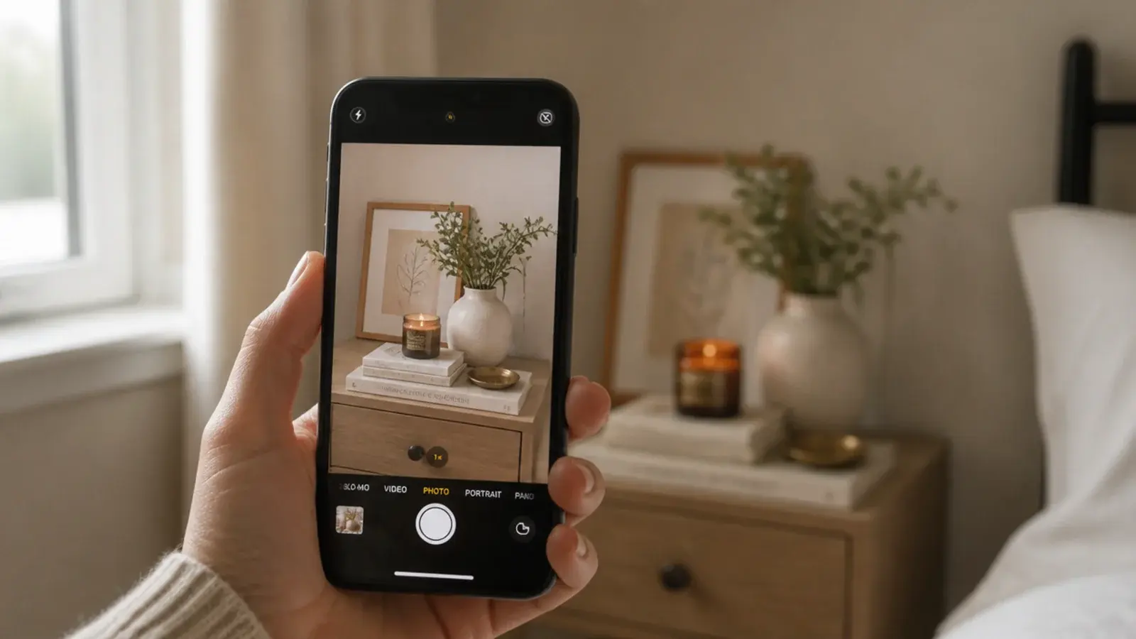 phone camera framing a styled bedside table to check the composition
