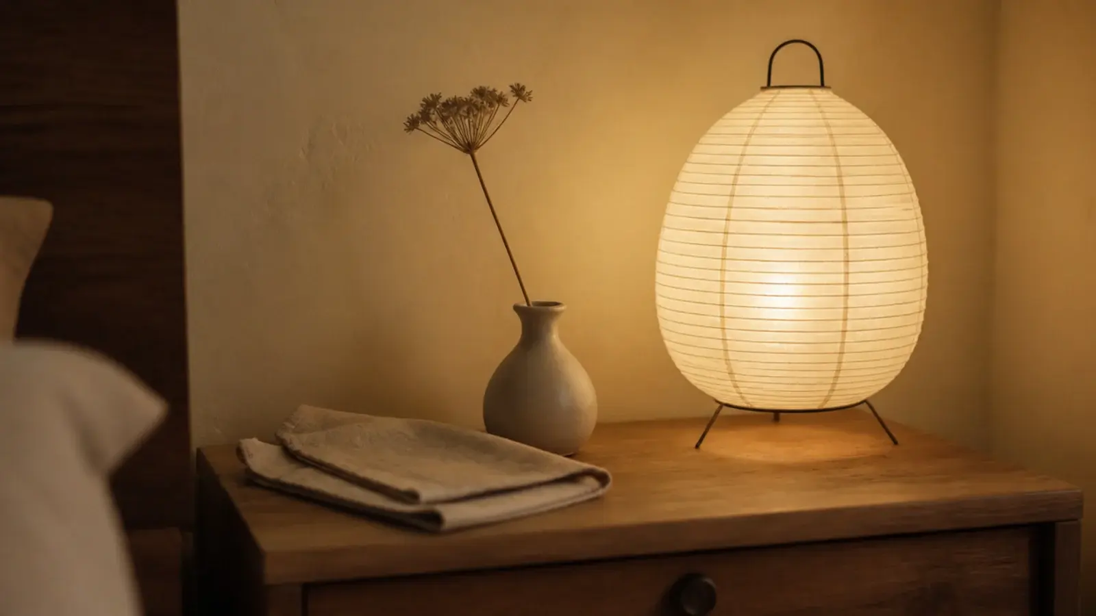 aesthetic bedside table ideas styled with dried stems linen and amber glass
